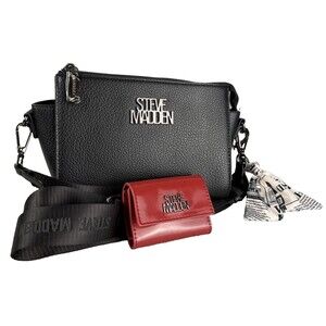 Steve Madden Bwebber Black Pebbled Crossbody Purse Bag with Red Patent Card Case